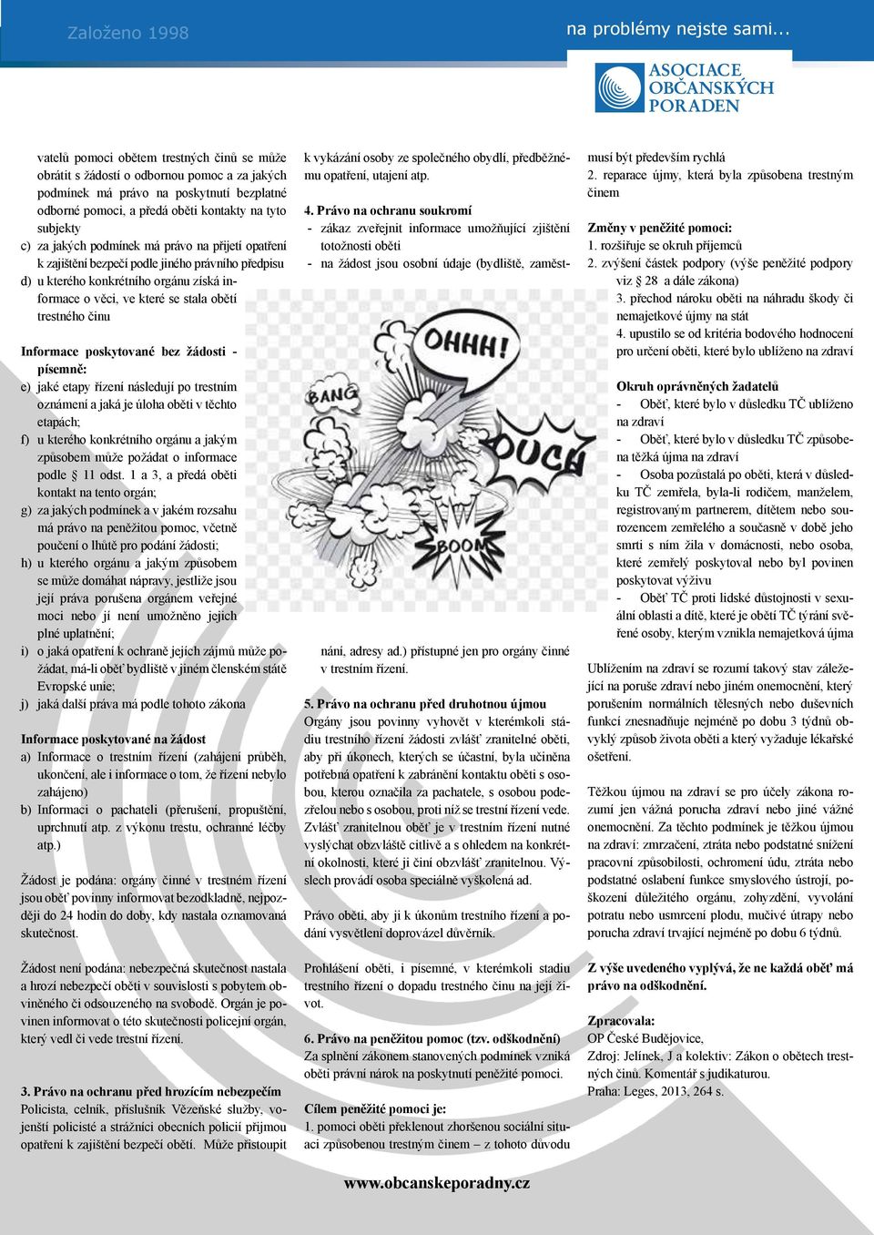 Informace poskytované bez žádosti - písemně: e) jaké etapy řízení následují po trestním oznámení a jaká je úloha oběti v těchto etapách; f) u kterého konkrétního orgánu a jakým způsobem může požádat