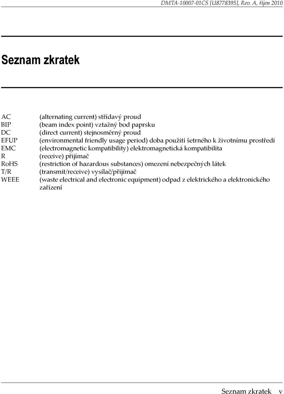 kompatibility) elektromagnetická kompatibilita (receive) přijímač (restriction of hazardous substances) omezení nebezpečných látek