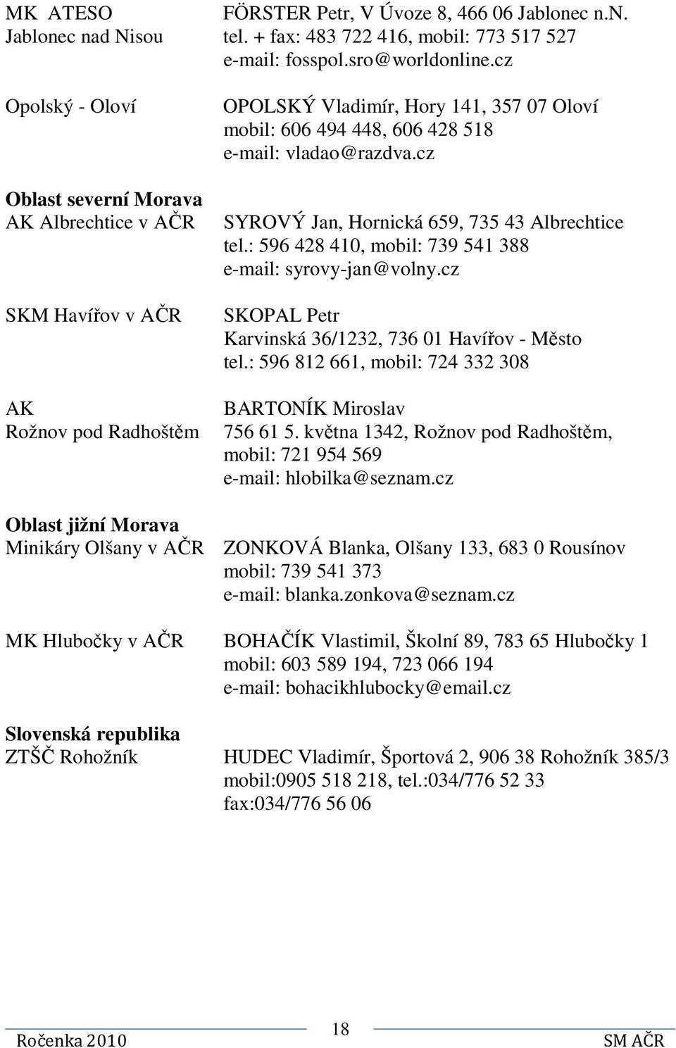 cz SYROVÝ Jan, Hornická 659, 735 43 Albrechtice tel.: 596 428 410, mobil: 739 541 388 e-mail: syrovy-jan@volny.cz SKOPAL Petr Karvinská 36/1232, 736 01 Havířov - Město tel.