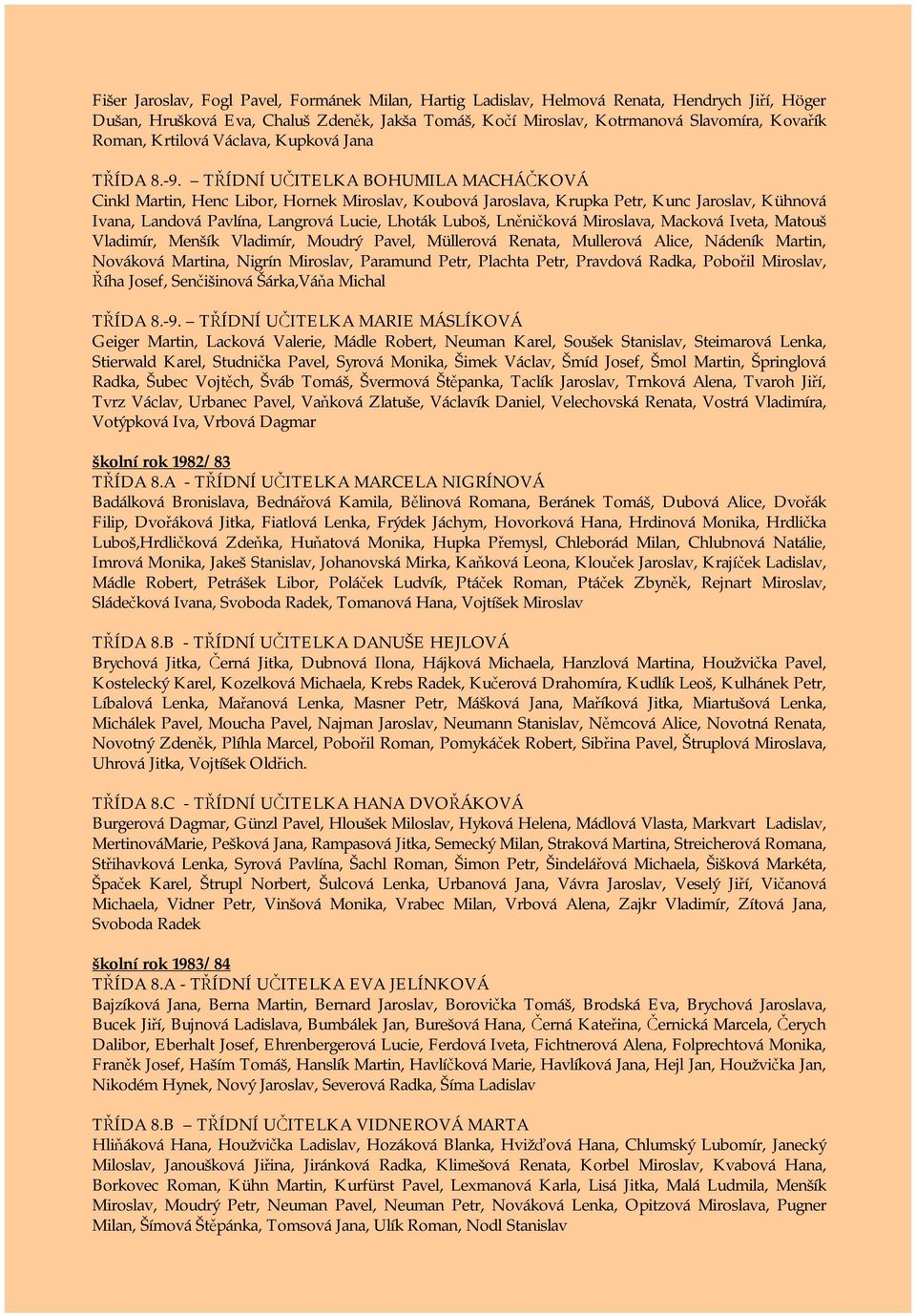 TŘÍDNÍ UČITELKA BOHUMILA MACHÁČKOVÁ Cinkl Martin, Henc Libor, Hornek Miroslav, Koubová Jaroslava, Krupka Petr, Kunc Jaroslav, Kühnová Ivana, Landová Pavlína, Langrová Lucie, Lhoták Luboš, Lněničková
