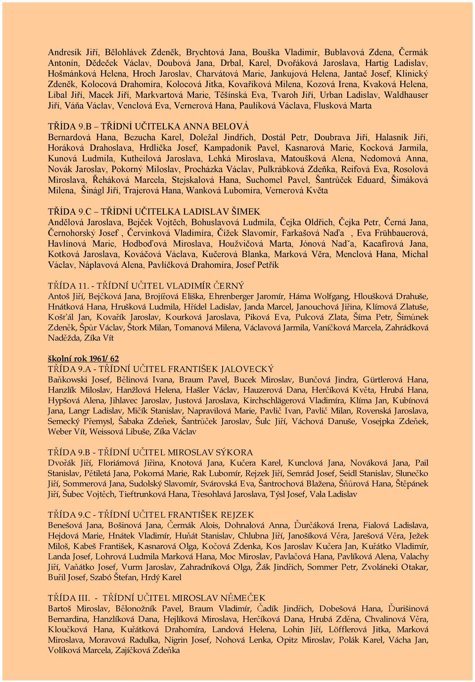 Markvartová Marie, Těšínská Eva, Tvaroh Jiří, Urban Ladislav, Waldhauser Jiří, Váňa Václav, Venclová Eva, Vernerová Hana, Paulíková Václava, Flusková Marta TŘÍDA 9.