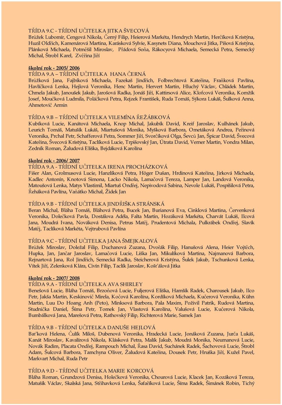 Diana, Mouchová Jitka, Píšová Kristýna, Plánková Michaela, Potměšil Miroslav, Přádová Soňa, Rákocyová Michaela, Semecká Petra, Semecký Michal, Štrobl Karel, Zvěřina Jiří školní rok - 2005/2006 A