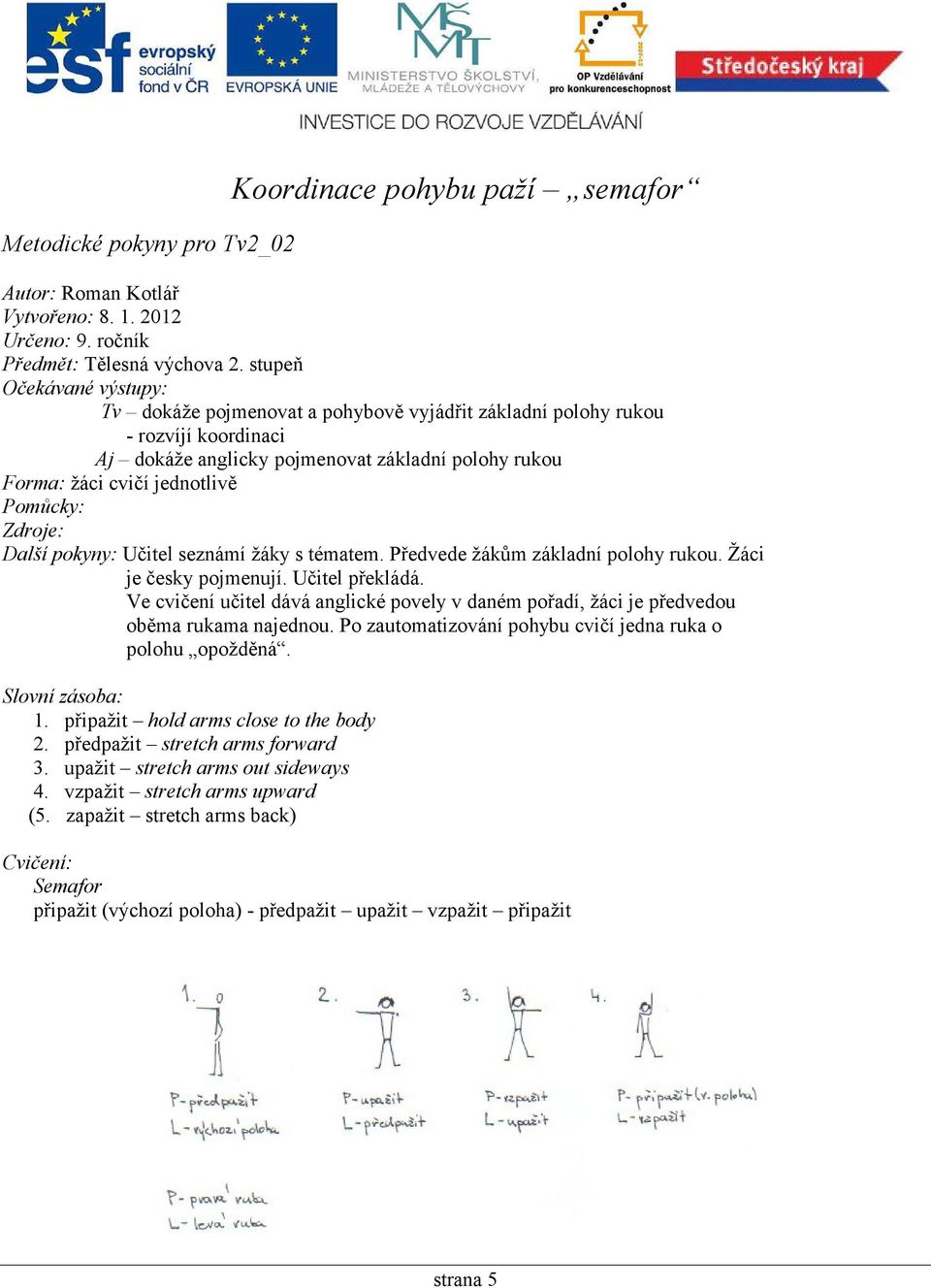 Učitel seznámí žáky s tématem. Předvede žákům základní polohy rukou. Žáci je česky pojmenují. Učitel překládá.