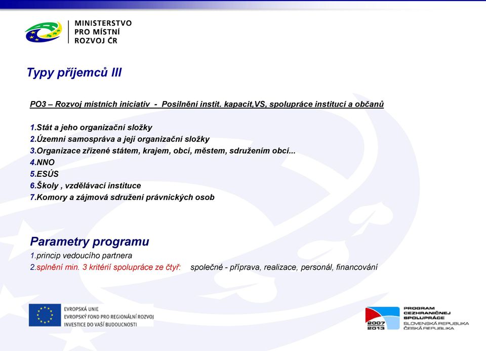 Organizace zřízené státem, krajem, obcí, městem, sdružením obcí... 4.NNO 5.ESÚS 6.Školy, vzdělávací instituce 7.