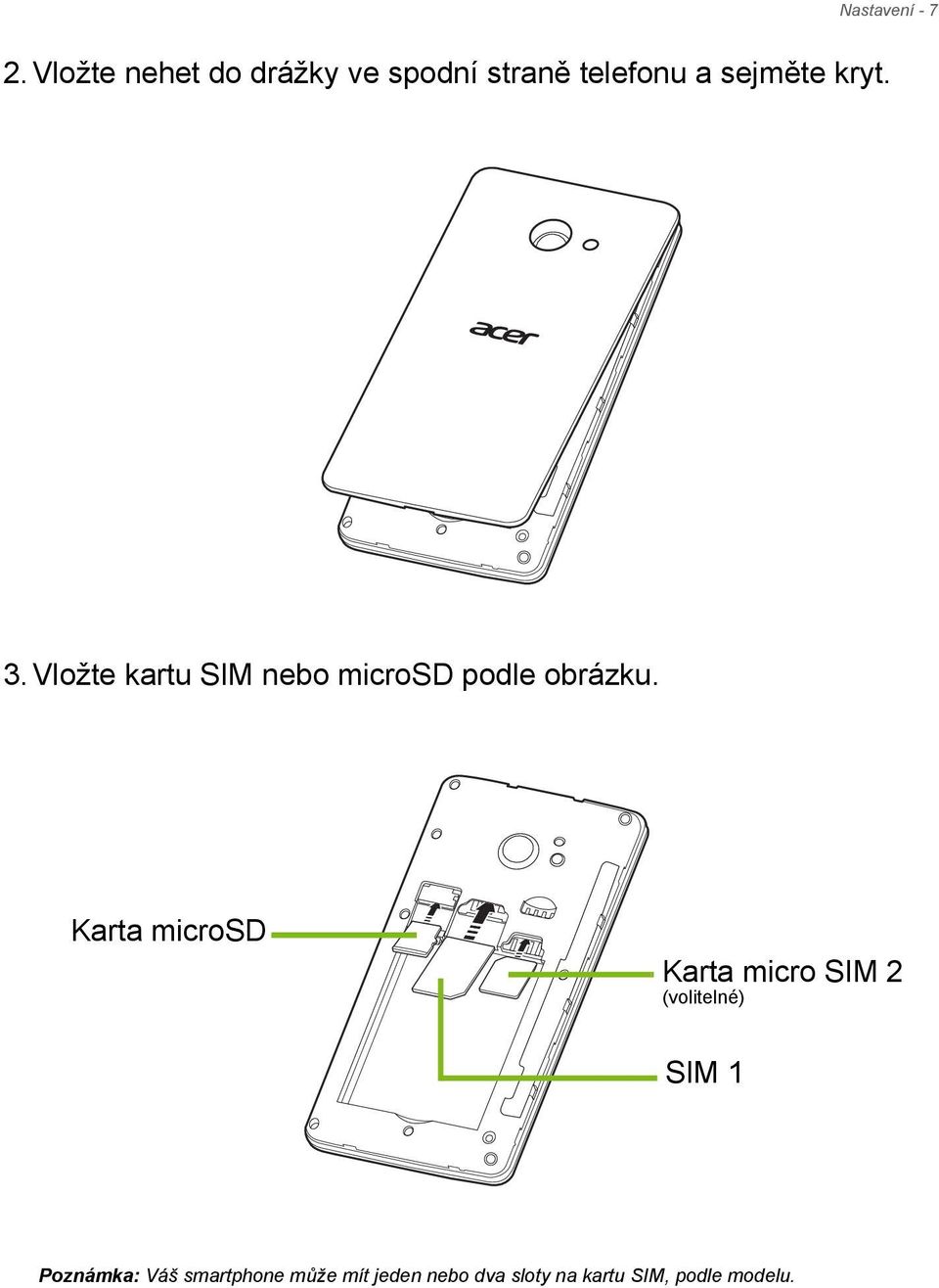 3. Vložte kartu SIM nebo microsd podle obrázku.