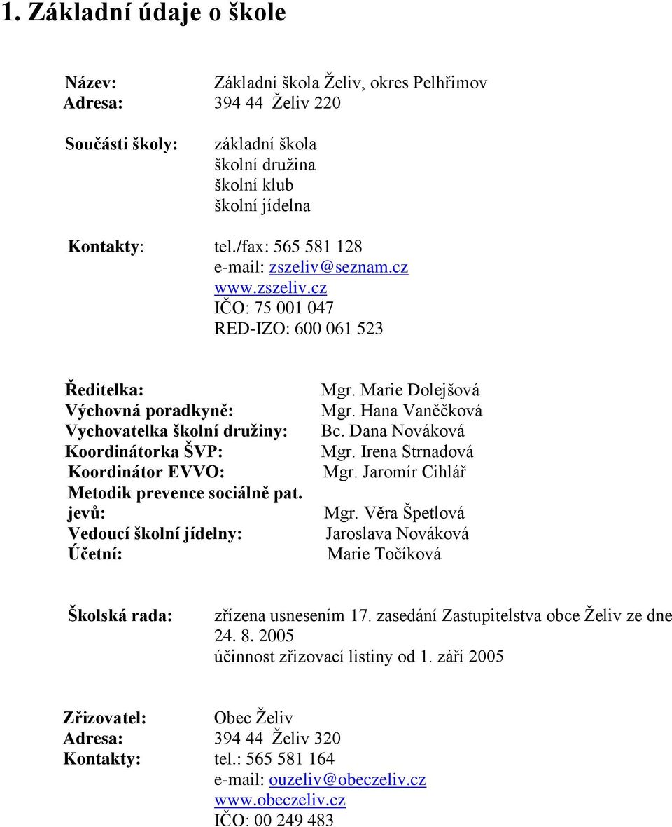 seznam.cz www.zszeliv.cz IČO: 75 001 047 RED-IZO: 600 061 523 Ředitelka: Výchovná poradkyně: Vychovatelka školní družiny: Koordinátorka ŠVP: Koordinátor EVVO: Metodik prevence sociálně pat.