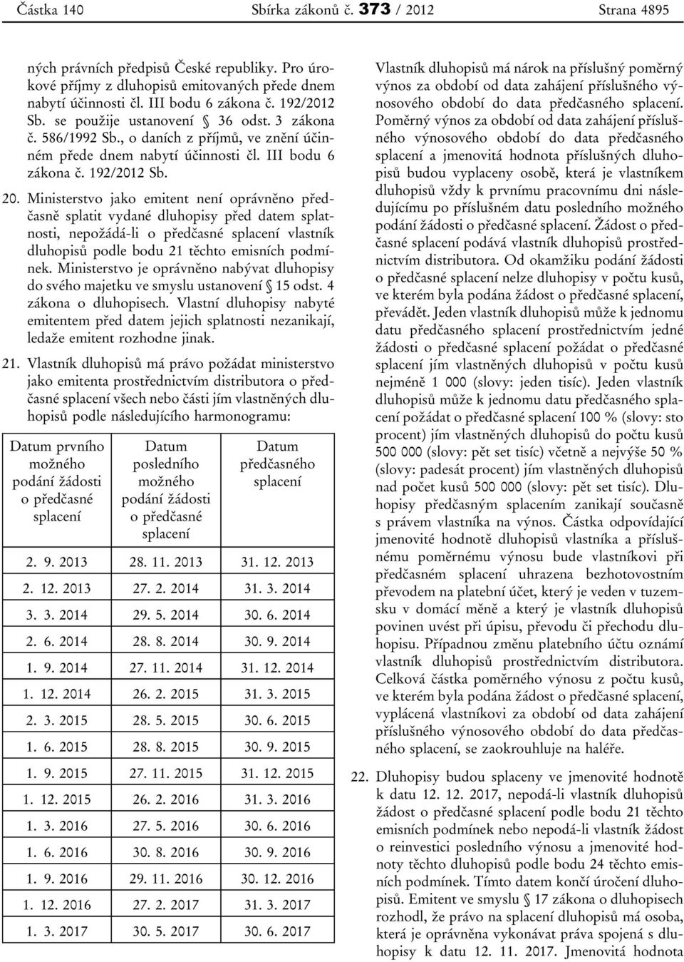 Ministerstvo jako emitent není oprávněno předčasně splatit vydané dluhopisy před datem splatnosti, nepožádá-li o předčasné splacení vlastník dluhopisů podle bodu 21 těchto emisních podmínek.