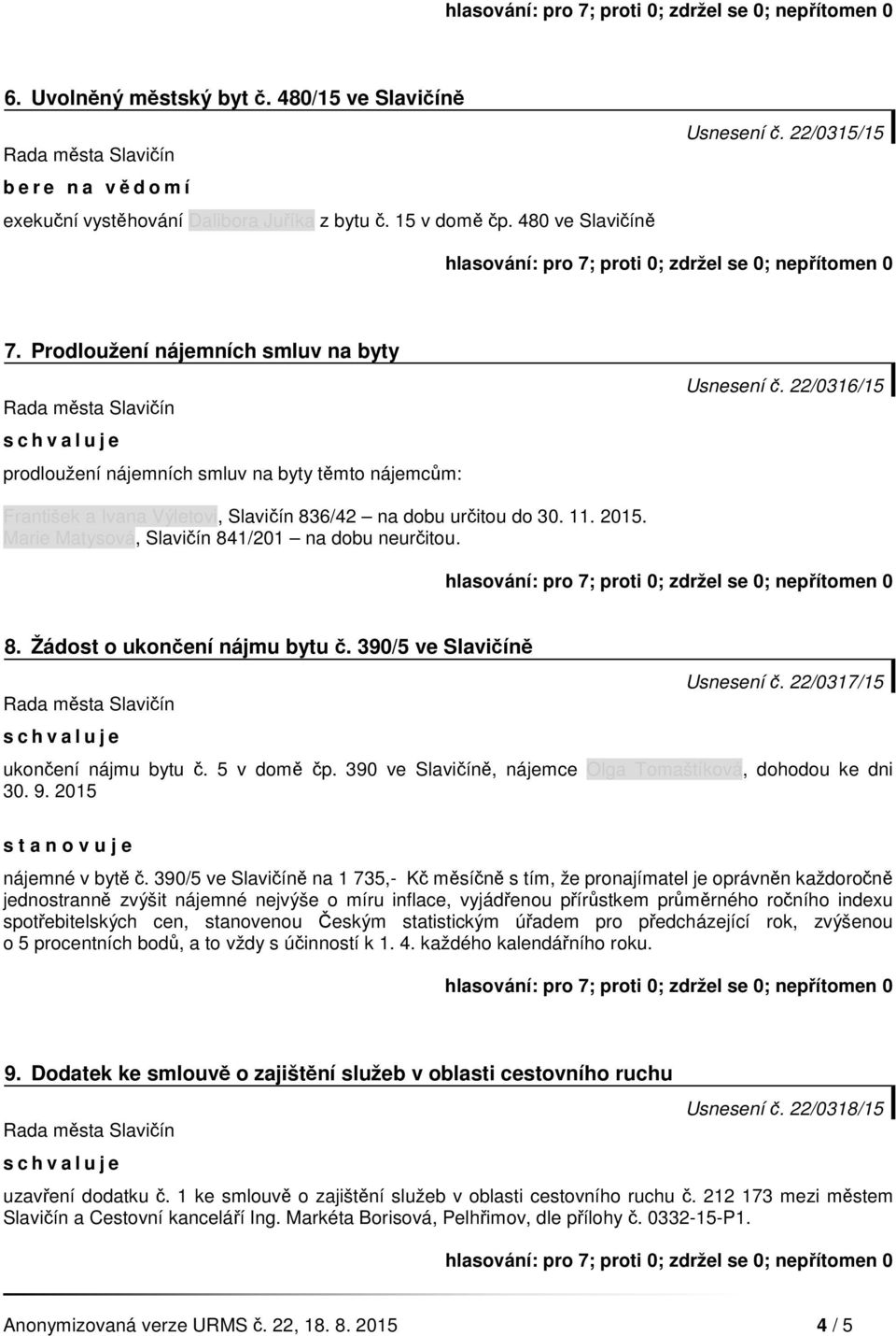 Marie Matysová, Slavičín 841/201 na dobu neurčitou. 8. Žádost o ukončení nájmu bytu č. 390/5 ve Slavičíně Usnesení č. 22/0317/15 ukončení nájmu bytu č. 5 v domě čp.