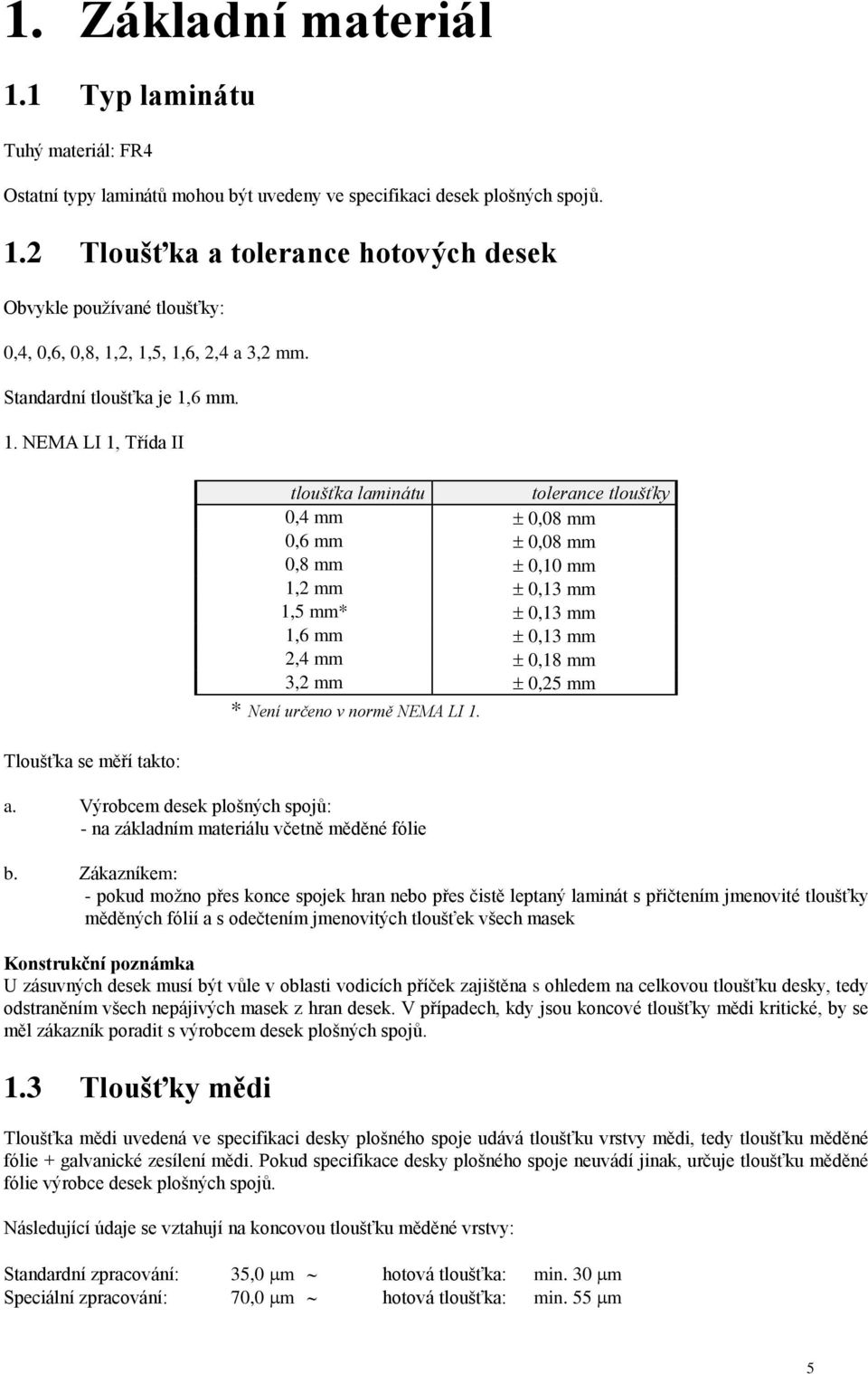 Výrobcem desek plošných spojů: - na základním materiálu včetně měděné fólie tloušťka laminátu tolerance tloušťky 0,4 mm 0,08 mm 0,6 mm 0,08 mm 0,8 mm 0,10 mm 1,2 mm 0,13 mm 1,5 mm* 0,13 mm 1,6 mm