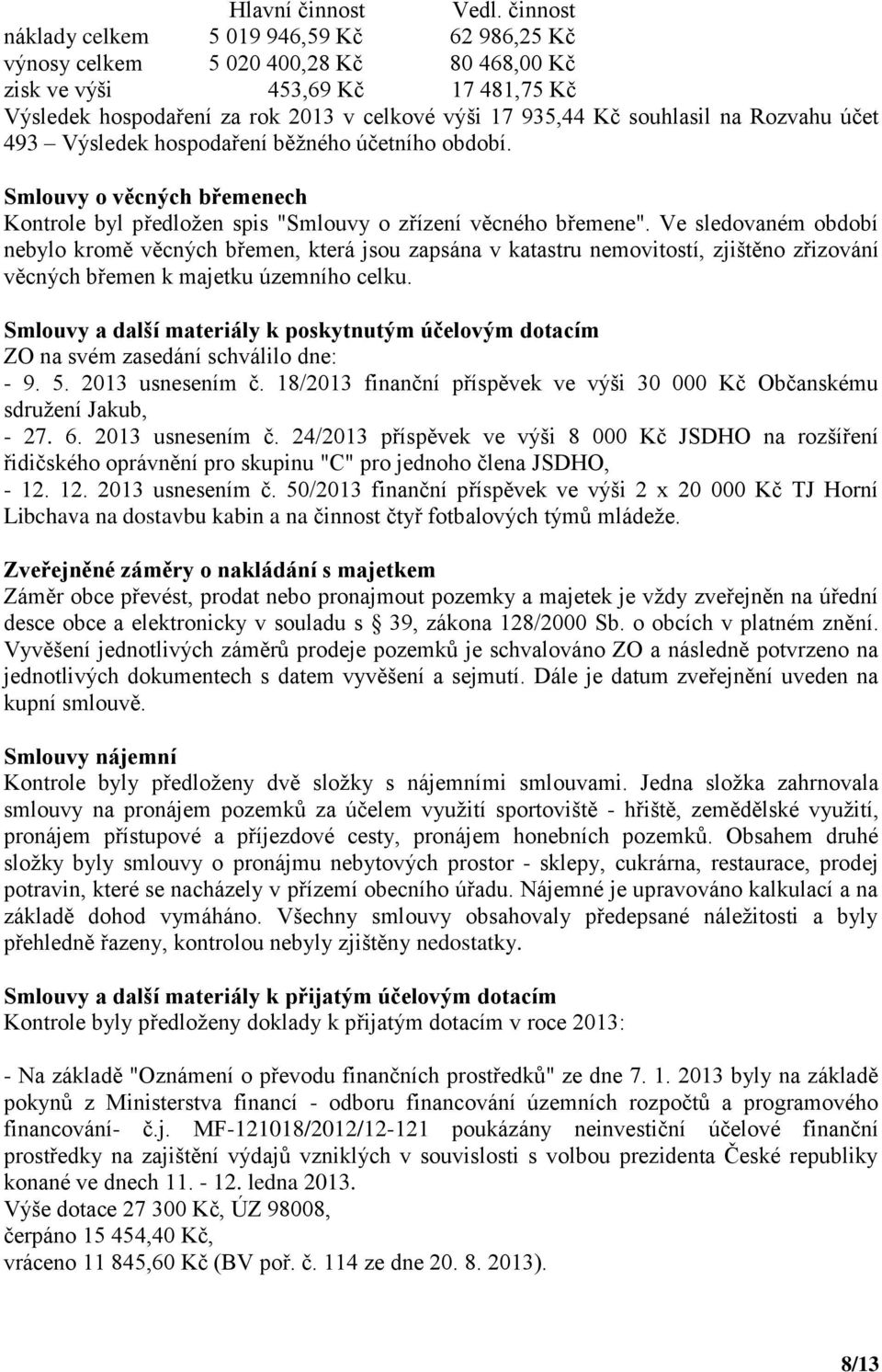 souhlasil na Rozvahu účet 493 Výsledek hospodaření běžného účetního období. Smlouvy o věcných břemenech Kontrole byl předložen spis "Smlouvy o zřízení věcného břemene".