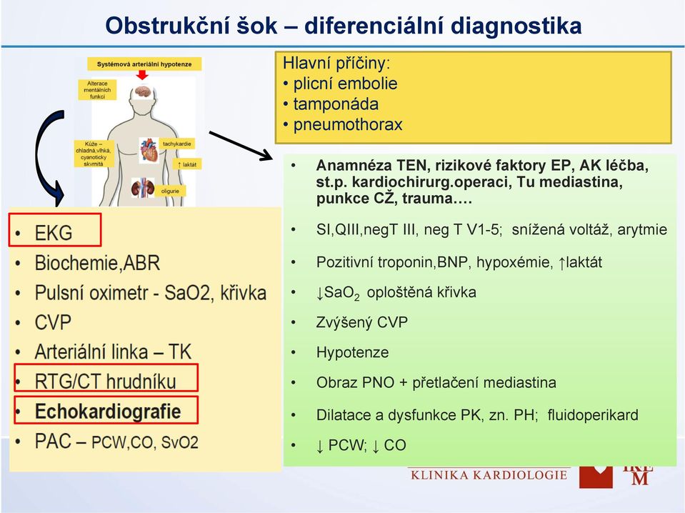 SI,QIII,negT III, neg T V1-5; snížená voltáž, arytmie Pozitivní troponin,bnp, hypoxémie, laktát SaO 2