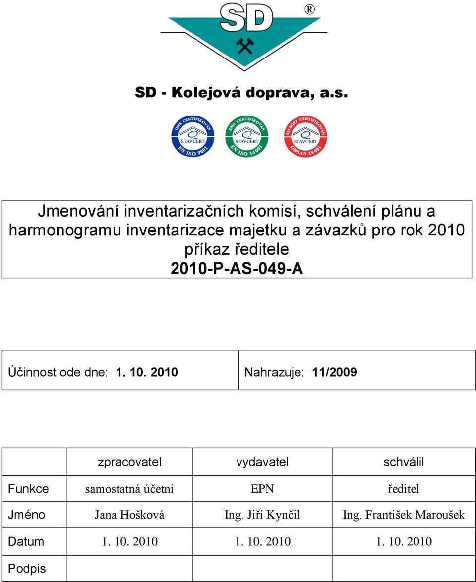 pro rok 2010 příkaz ředitele 2010-P-AS-049-A Účinnost ode dne: 1. 10.