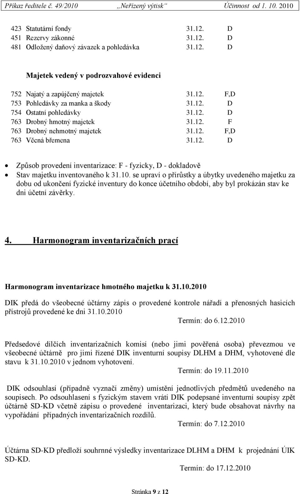 10. se upraví o přírůstky a úbytky uvedeného majetku za dobu od ukončení fyzické inventury do konce účetního období, aby byl prokázán stav ke dni účetní závěrky. 4.