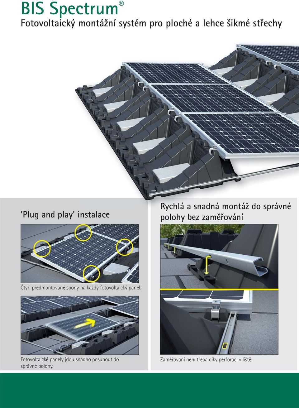 zaměřování Čtyři předmontované spony na každý fotovoltaický panel.