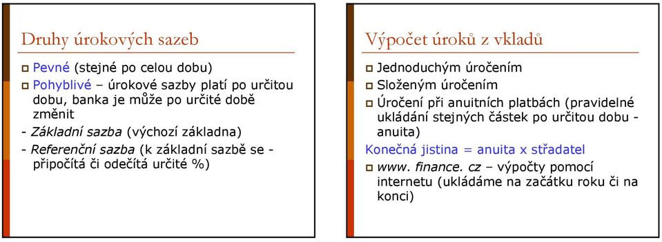 úroků z vkladů Jednoduchým úročením Složeným úročením Úročení při anuitních platbách (pravidelné ukládání stejných částek po