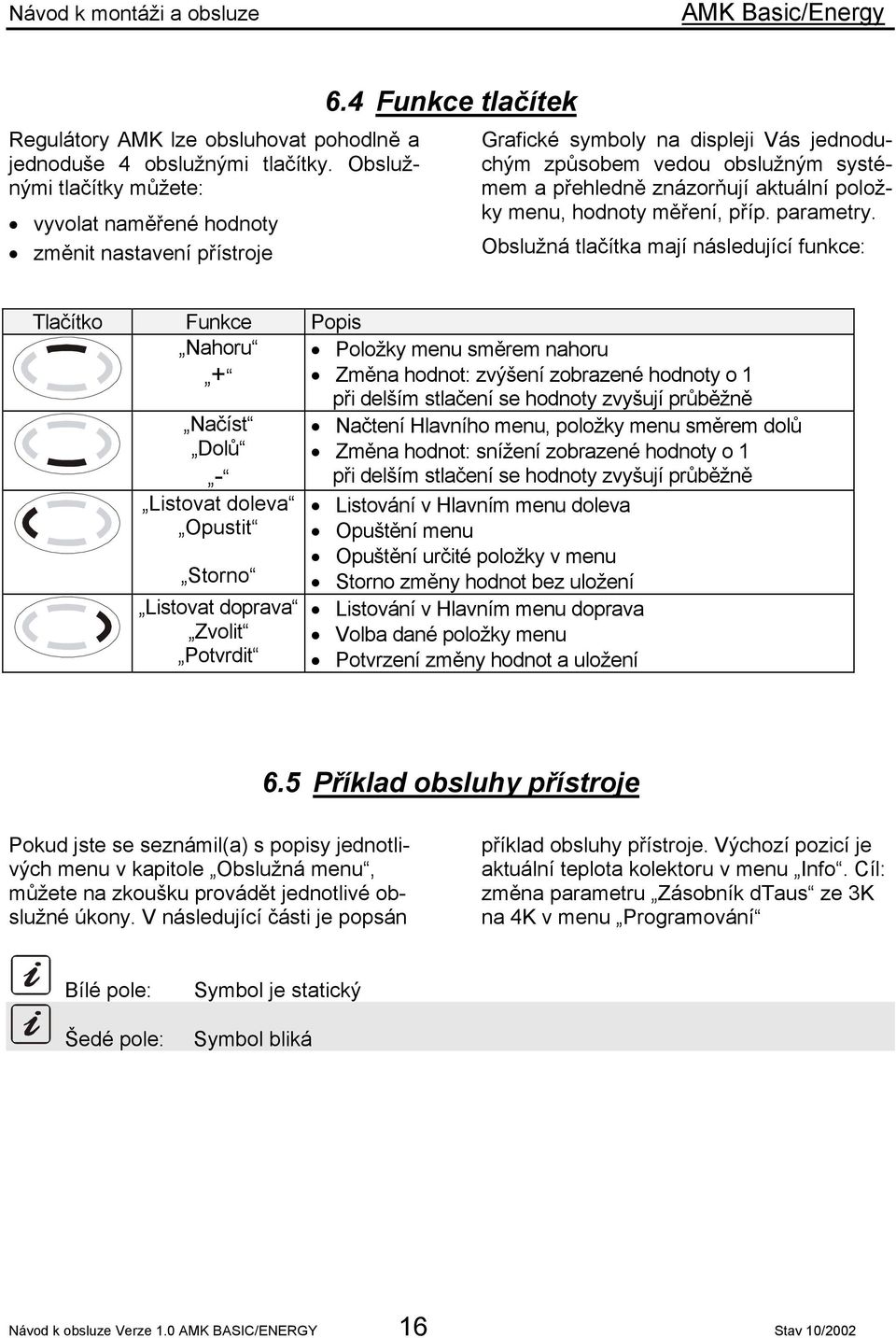 Obslužná tlačítka mají následující funkce: Tlačítko Funkce Popis Nahoru Položky menu směrem nahoru + Změna hodnot: zvýšení zobrazené hodnoty o 1 Načíst Dolů - Listovat doleva Opustit Storno Listovat