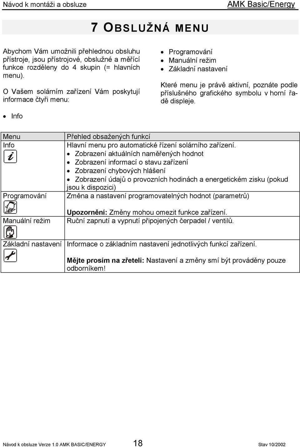 displeje. Info Menu Info Programování Manuální režim Přehled obsažených funkcí Hlavní menu pro automatické řízení solárního zařízení.