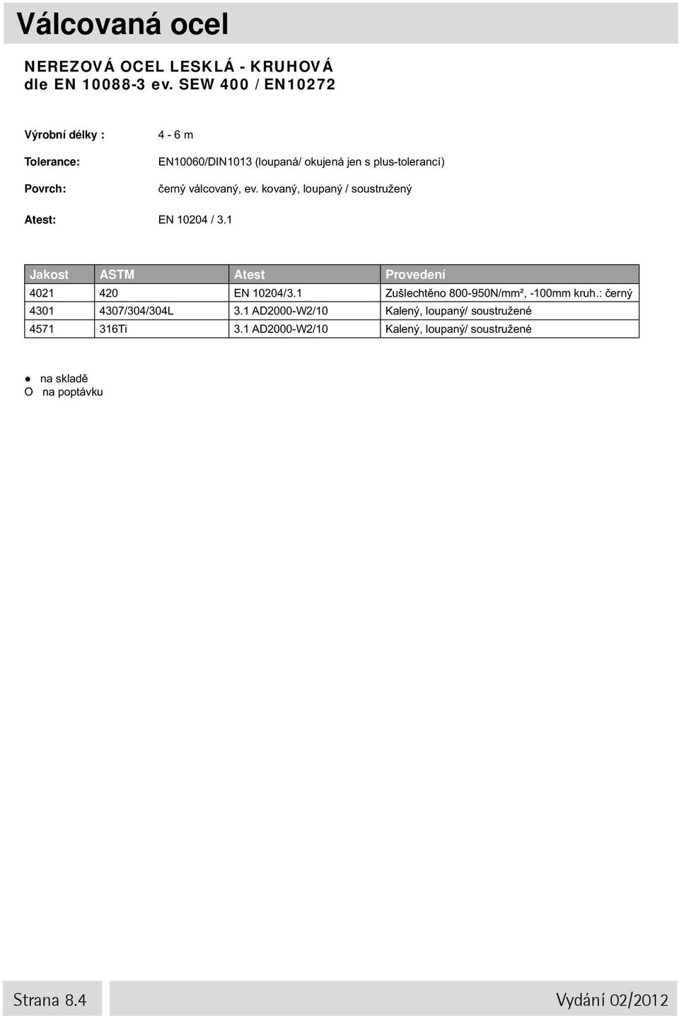 válcovaný, ev. kovaný, loupaný / soustružený Atest: EN 10204 / 3.1 Jakost ASTM Atest Provedení 4021 420 EN 10204/3.