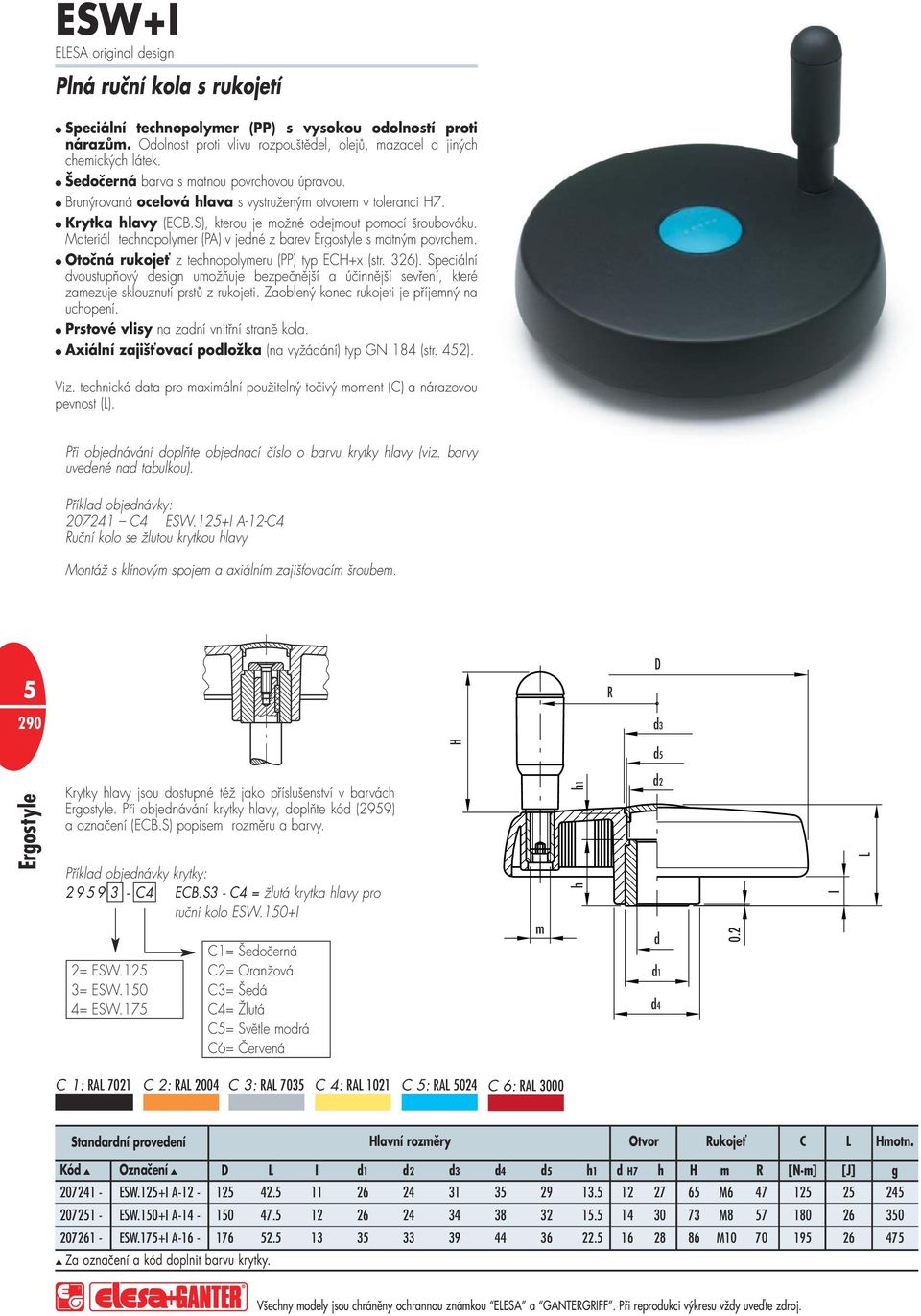 Materiál tecnopolymer (PA) v jené z barev Ergostyle s matným povrcem. Otočná rukojeť z tecnopolymeru (PP) typ ECH+x (str. 326).