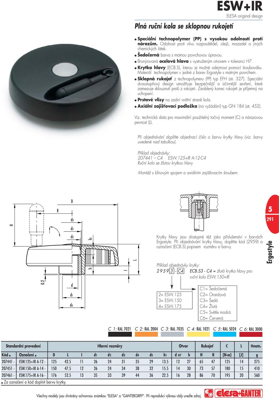 Materiál tecnopolymer v jené z barev Ergostyle s matným povrcem. Sklopná rukojeť z tecnopolymeru (PP) typ EFH (str. 327).