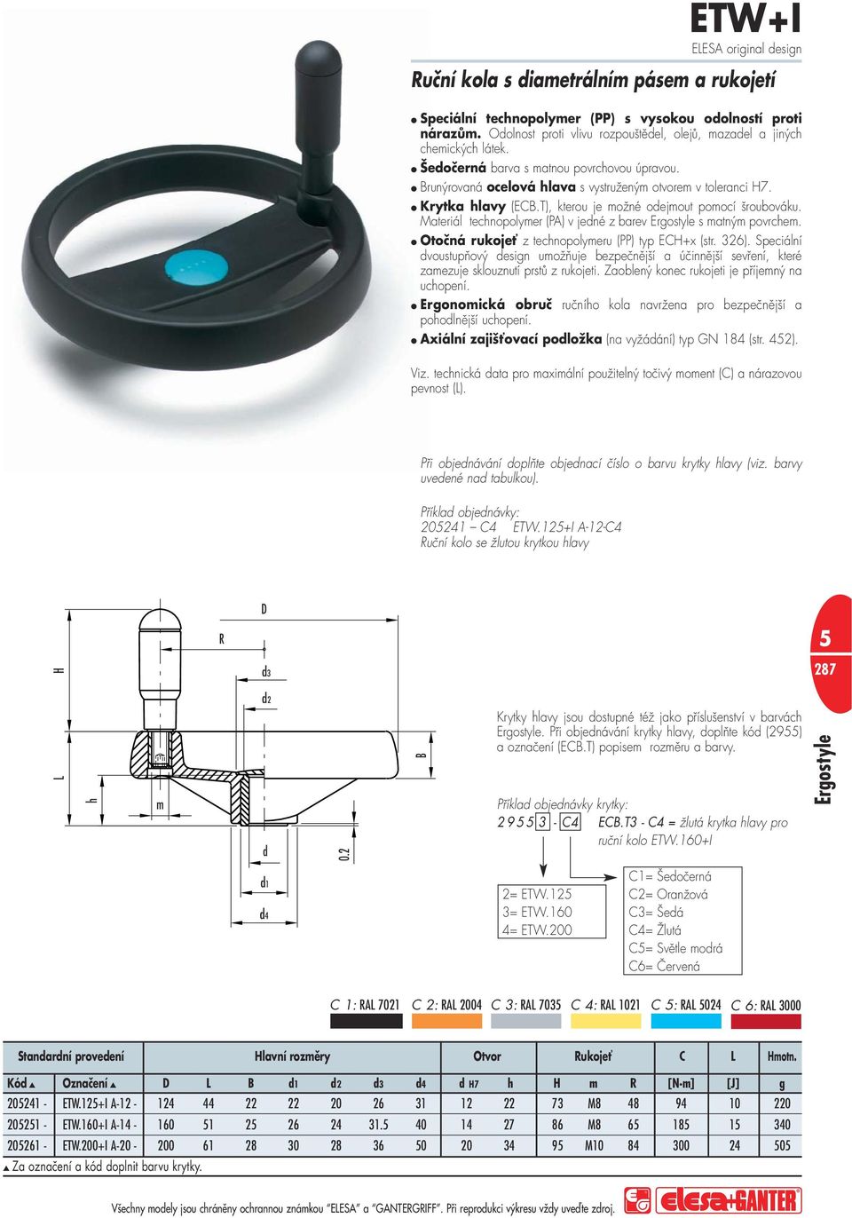 Materiál tecnopolymer (PA) v jené z barev Ergostyle s matným povrcem. Otočná rukojeť z tecnopolymeru (PP) typ ECH+x (str. 326).