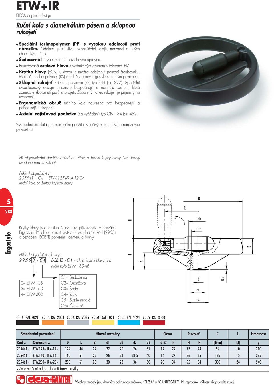 T), kterou je možné oejmout pomocí šroubováku. Materiál tecnopolymer (PA) v jené z barev Ergostyle s matným povrcem. Sklopná rukojeť z tecnopolymeru (PP) typ EFH (str. 327).