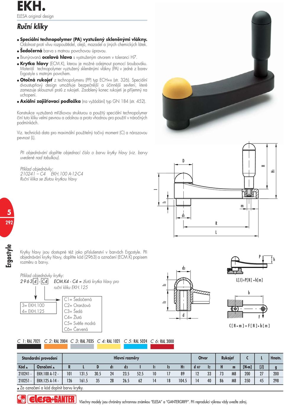 Materiál tecnopolymer vyztužený skleněnými vlákny (PA) v jené z barev Ergostyle s matným povrcem. Otočná rukojeť z tecnopolymeru (PP) typ ECH+x (str. 326).