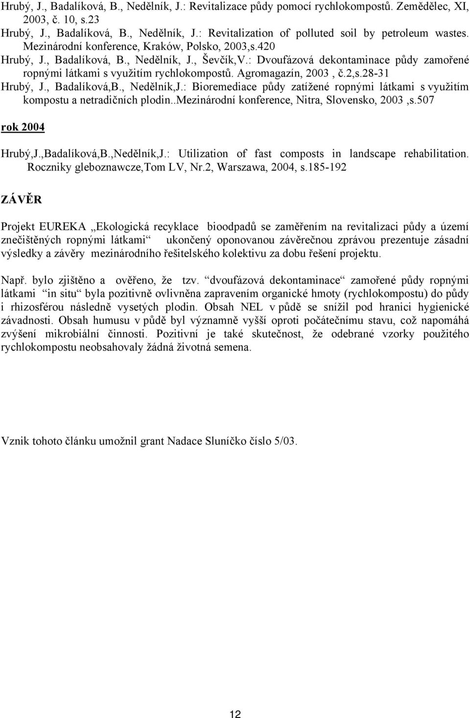 Agromagazín, 2003, č.2,s.28-31 Hrubý, J., Badalíková,B., Nedělník,J.: Bioremediace půdy zatížené ropnými látkami s využitím kompostu a netradičních plodin.