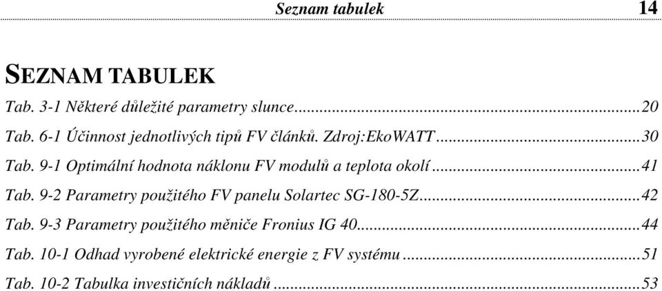 9-1 Optimální hodnota náklonu FV modulů a teplota okolí... 41 Tab.