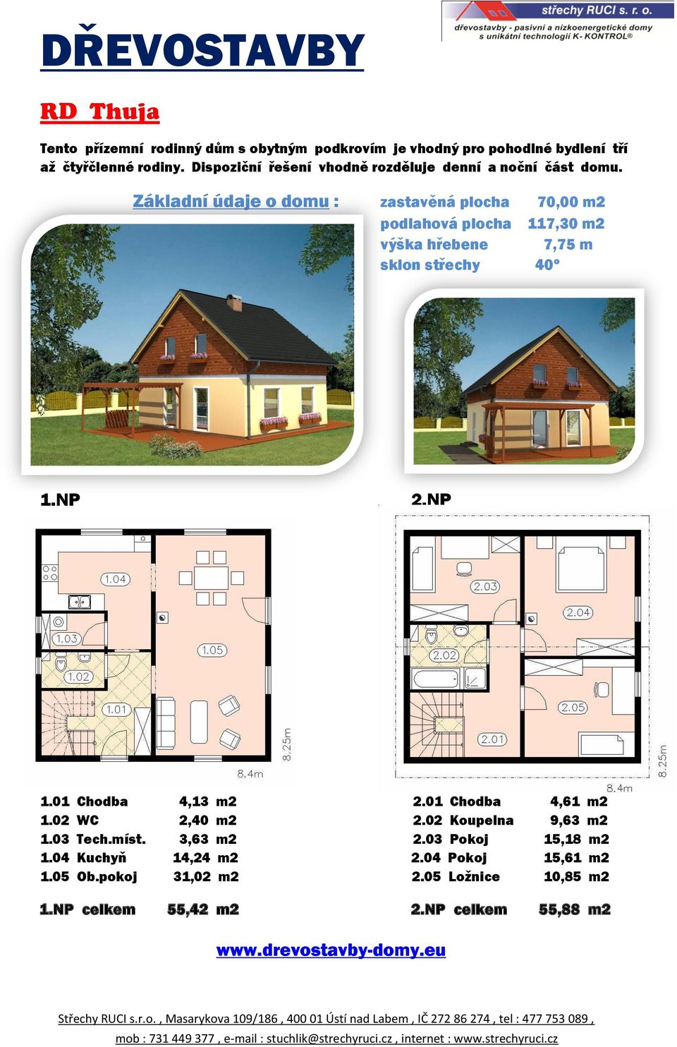 02 WC 2,40 m2 2.02 Koupelna 9,63 m2 1.03 Tech.míst. 3,63 m2 2.03 Pokoj 15,18 m2 1.04 Kuchyň 14,24 m2 2.04 Pokoj 15,61 m2 1.05 Ob.pokoj 31,02 m2 2.05 Ložnice 10,85 m2 1.