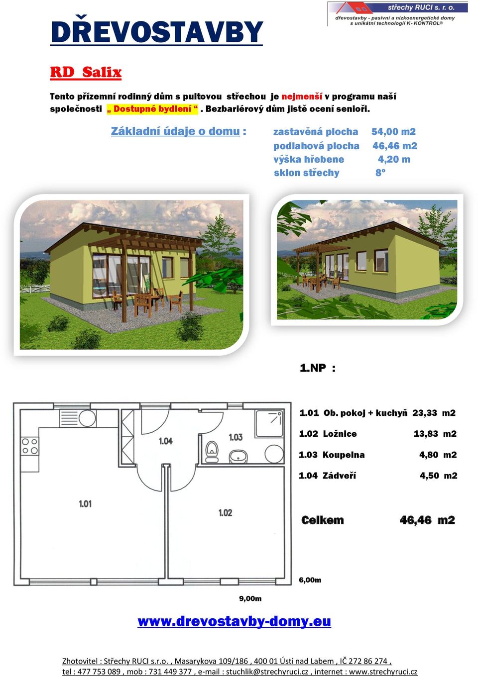 Základní údaje o domu : zastavěná plocha 54,00 m2 podlahová plocha 46,46 m2 výška hřebene 4,20 m sklon střechy 8º 1.NP : 1.01 Ob.