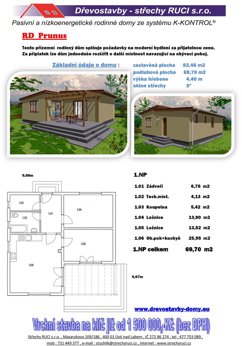 Základní údaje o domu : zastavěná plocha 82,46 m2 podlahová plocha 69,70 m2 výška hřebene 4,40 m sklon střechy 5º 9,98m 1.NP 1.01 Zádveří 6,78 m2 1.02 Tech.míst.