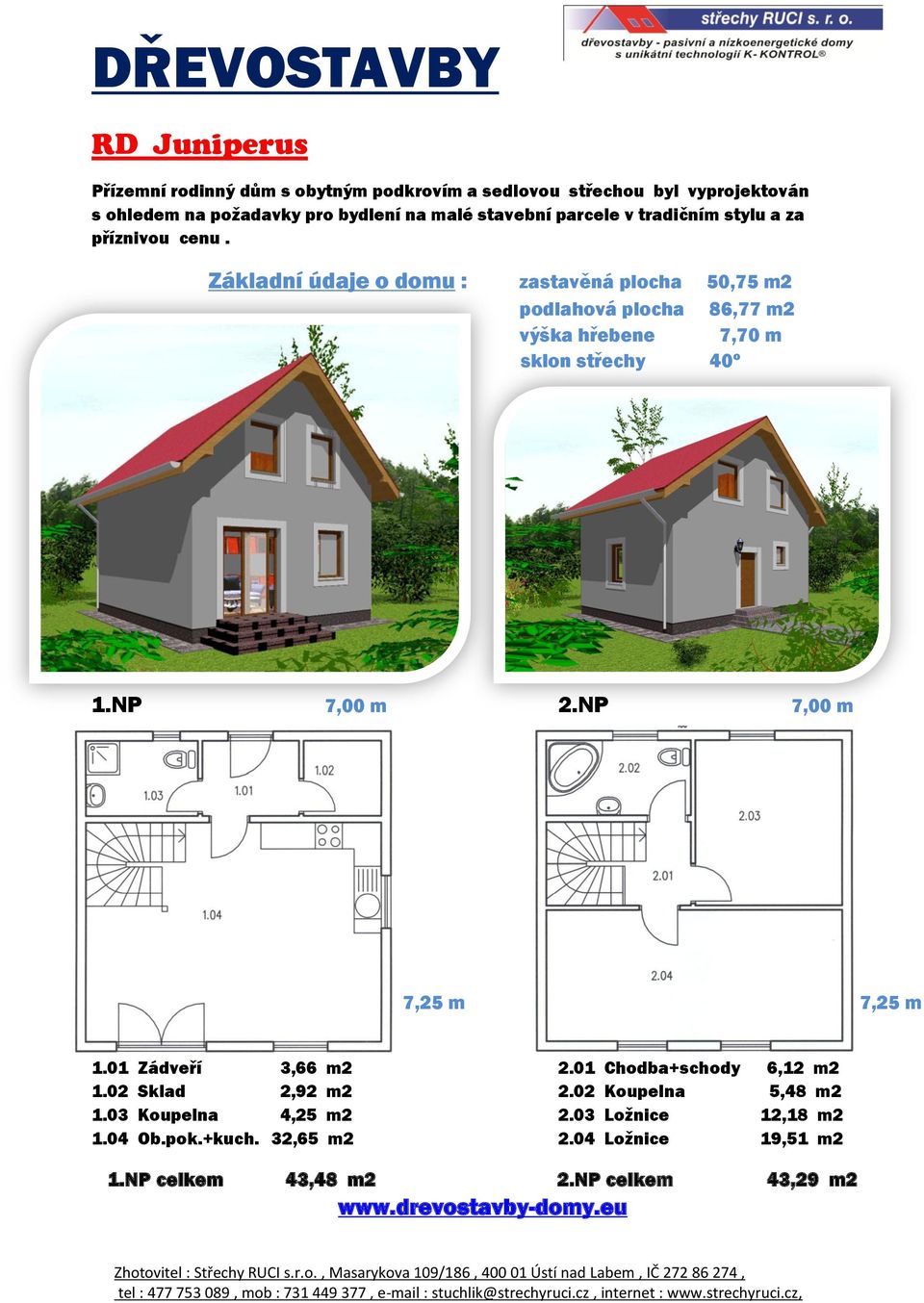 01 Chodba+schody 6,12 m2 1.02 Sklad 2,92 m2 2.02 Koupelna 5,48 m2 1.03 Koupelna 4,25 m2 2.03 Ložnice 12,18 m2 1.04 Ob.pok.+kuch. 32,65 m2 2.04 Ložnice 19,51 m2 1.NP celkem 43,48 m2 2.