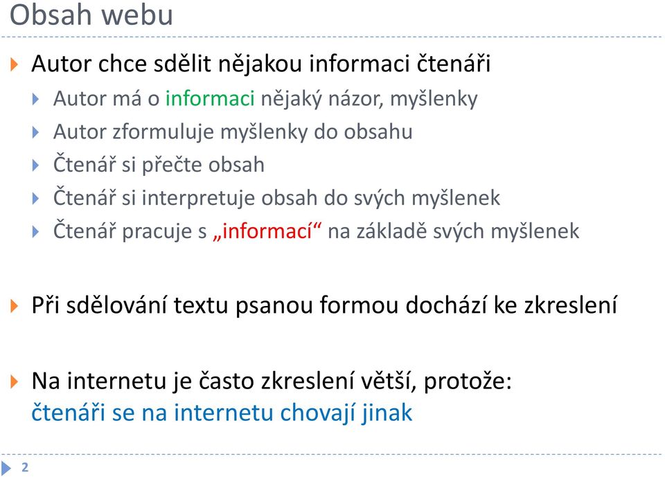 myšlenek Čtenář pracuje s informací na základě svých myšlenek Při sdělování textu psanou formou