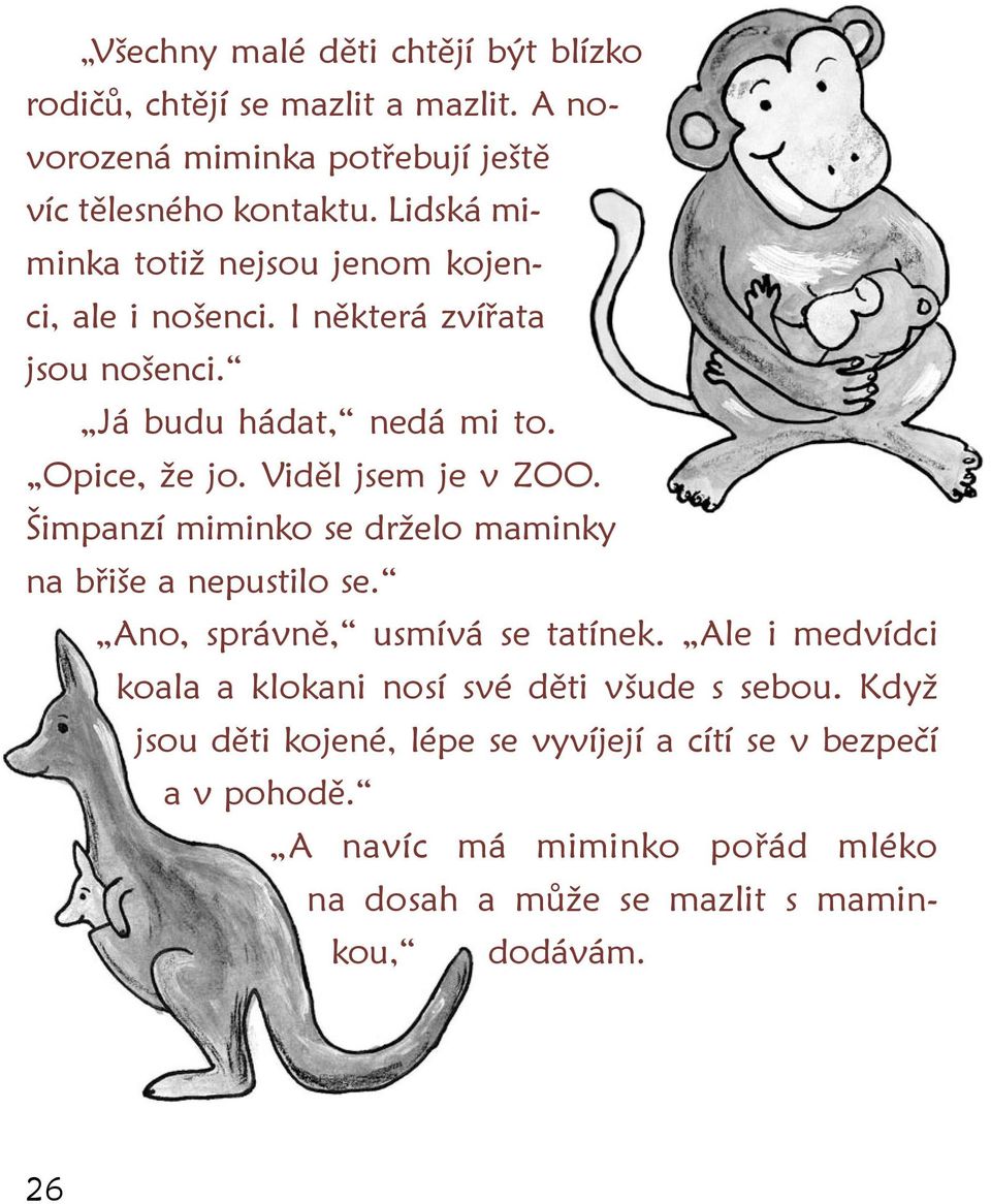 Viděl jsem je v ZOO. Šimpanzí miminko se drželo maminky na břiše a nepustilo se. Ano, správně, usmívá se tatínek.