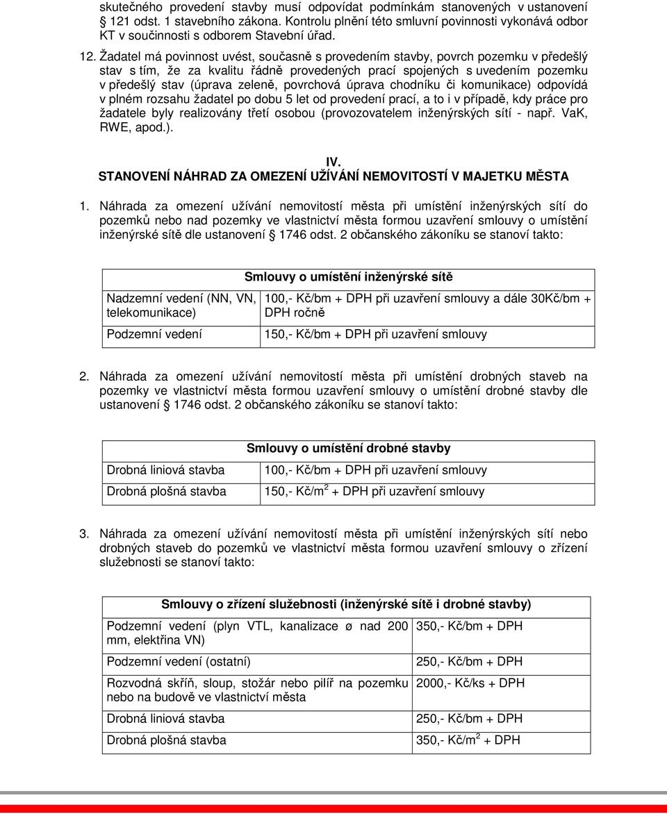 Žadatel má povinnost uvést, současně s provedením stavby, povrch pozemku v předešlý stav s tím, že za kvalitu řádně provedených prací spojených s uvedením pozemku v předešlý stav (úprava zeleně,