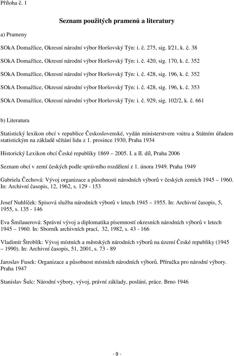 č. 929, sig. 102/2, k. č. 661 b) Literatura Statistický lexikon obcí v republice Československé, vydán ministerstvem vnitra a Státním úřadem statistickým na základě sčítání lidu z 1.