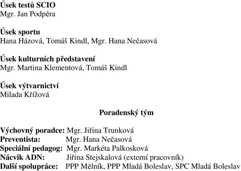 Martina Klementová, Tomáš Kindl Úsek výtvarnictví Milada Křížová Poradenský tým Výchovný poradce: Mgr.