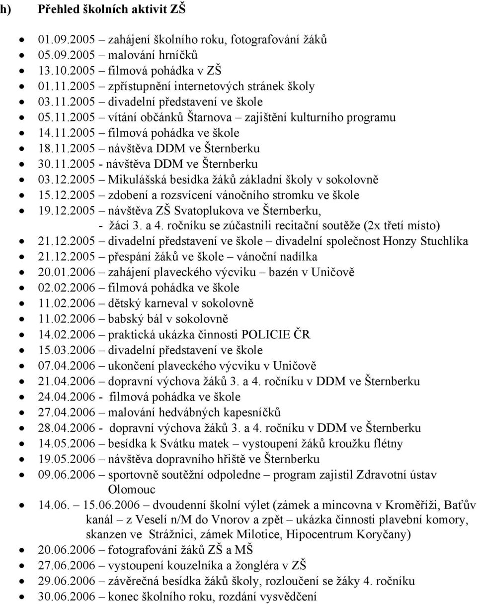 12.2005 Mikulášská besídka žáků základní školy v sokolovně 15.12.2005 zdobení a rozsvícení vánočního stromku ve škole 19.12.2005 návštěva ZŠ Svatoplukova ve Šternberku, - žáci 3. a 4.