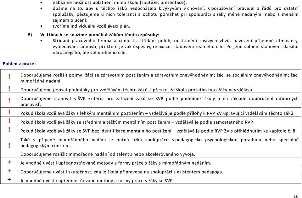 B) Ve třídách se snažíme pomáhat žákům těmito způsoby: Střídání pracovního tempa a činností, střídání poloh, odstranění rušivých vlivů, navození příjemné atmosféry, vyhledávání činnosti, při které je