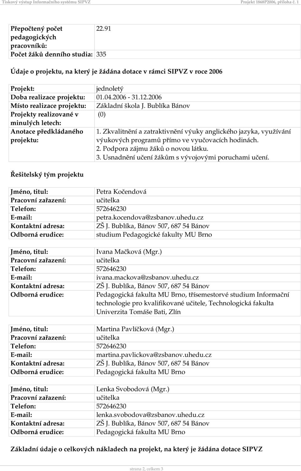 2006 Místo realizace projektu: Základní škola J. Bublíka Bánov Projekty realizované v (0) minulých letech: Anotace předkládaného 1.