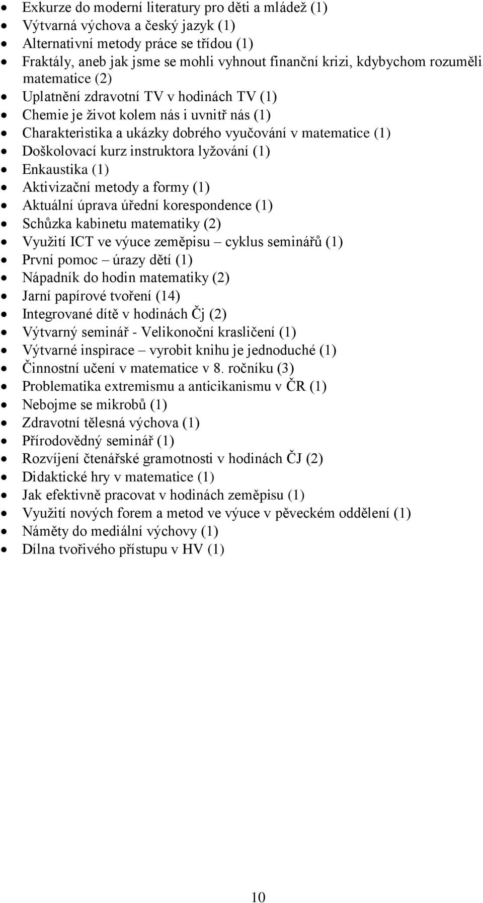 lyžování (1) Enkaustika (1) Aktivizační metody a formy (1) Aktuální úprava úřední korespondence (1) Schůzka kabinetu matematiky (2) Využití ICT ve výuce zeměpisu cyklus seminářů (1) První pomoc úrazy