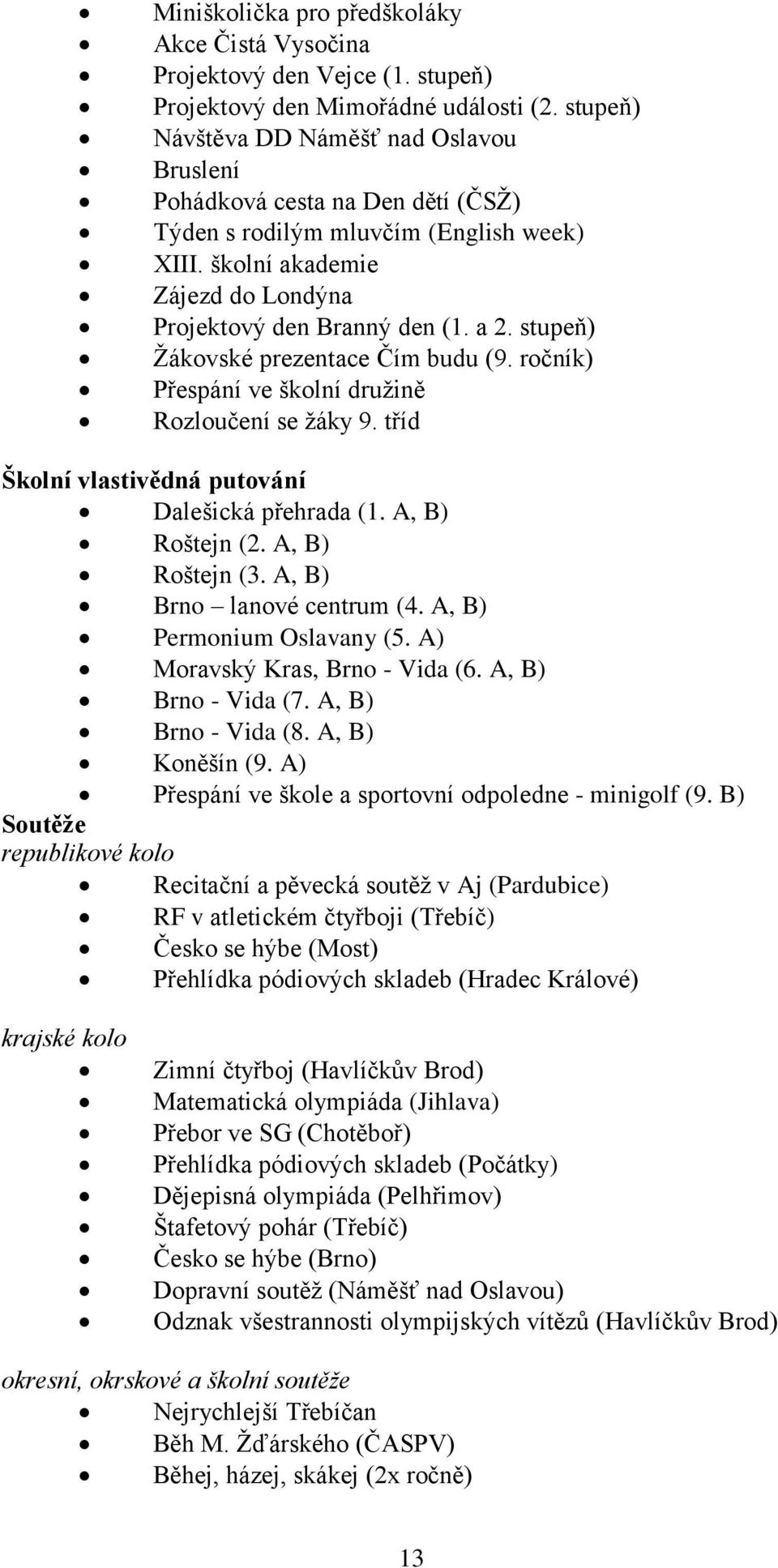 stupeň) Žákovské prezentace Čím budu (9. ročník) Přespání ve školní družině Rozloučení se žáky 9. tříd Školní vlastivědná putování Dalešická přehrada (1. A, B) Roštejn (2. A, B) Roštejn (3.