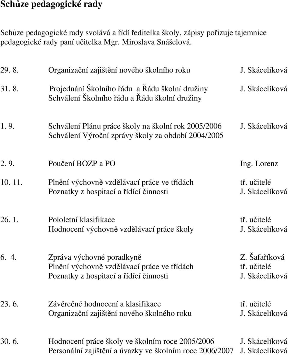 Schválení Plánu práce školy na školní rok 2005/2006 J. Skácelíková Schválení Výroní zprávy školy za období 2004/2005 2. 9. Pouení BOZP a PO Ing. Lorenz 10. 11.