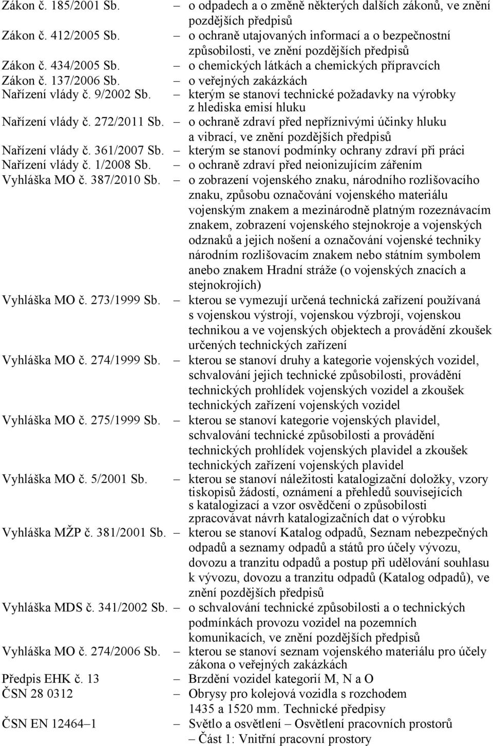 chemických přípravcích o veřejných zakázkách kterým se stanoví technické požadavky na výrobky z hlediska emisí hluku Nařízení vlády č. 272/2011 Sb.