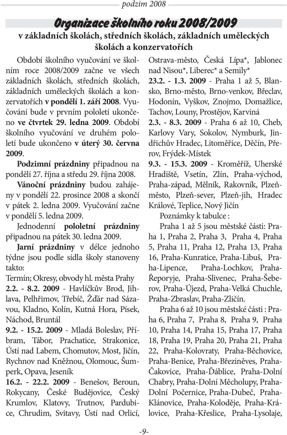 Období školního vyučování ve druhém pololetí bude ukončeno v úterý 30. června 2009. Podzimní prázdniny připadnou na pondělí 27. října a středu 29. října 2008.