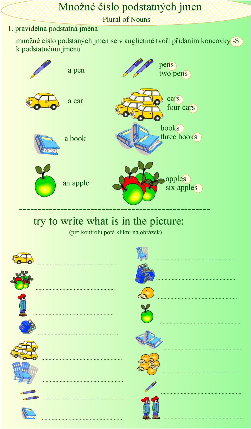 přidáním koncovky S k podstatnému jménu a pen pens two pens cars four cars a car a