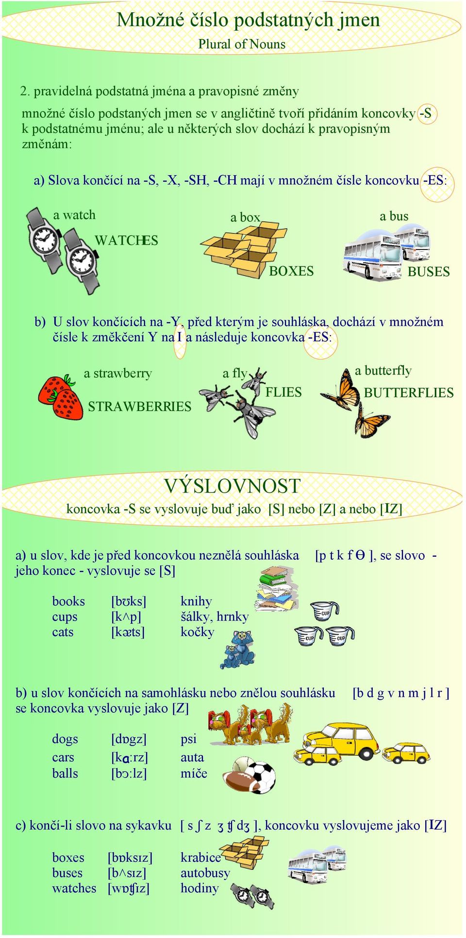 končící na S, X, SH, CH mají v množném čísle koncovku ES: a watch a bus a box WATCHES BOXES BUSES b) U slov končících na Y, před kterým je souhláska, dochází v množném čísle k změkčení Y na I a