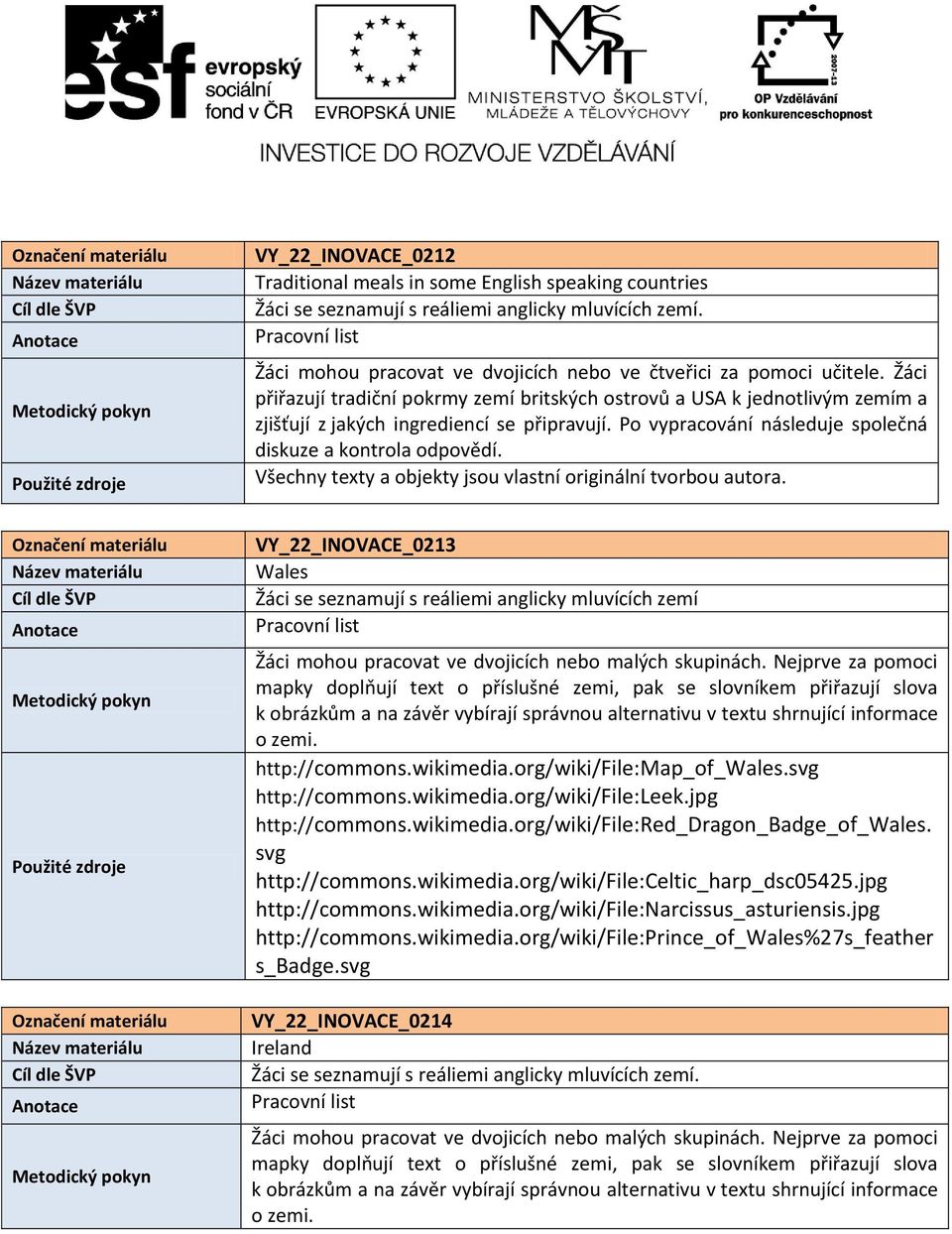 VY_22_INOVACE_0213 Wales Žáci se seznamují s reáliemi anglicky mluvících zemí mapky doplňují text o příslušné zemi, pak se slovníkem přiřazují slova k obrázkům a na závěr vybírají správnou