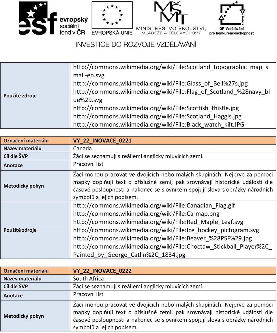 jpg VY_22_INOVACE_0221 Canada mapky doplňují text o příslušné zemi, pak srovnávají historické události dle časové posloupnosti a nakonec se slovníkem spojují slova s obrázky národních symbolů a